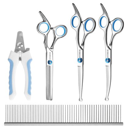 SCEDREAM Professional Dog Grooming Scissors with Safety Round Tips 5 in 1 Dog Grooming Scissors Kit 4CR Stainless Steel Professional Pet Grooming Shears for Dogs/Cats Sharp and Durable Blue