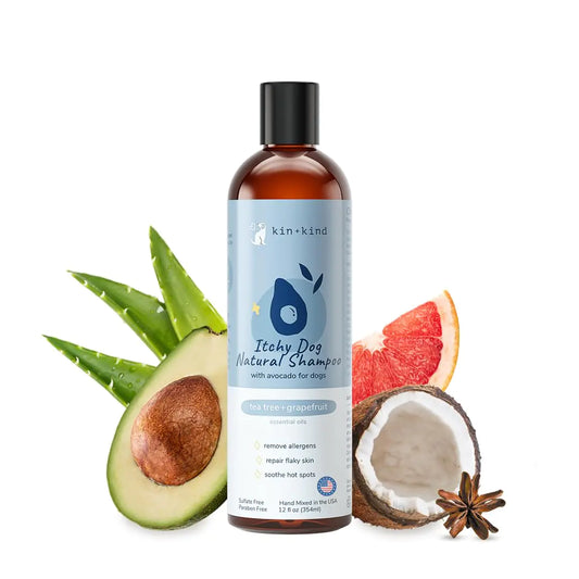 kin+kind Anti-Itch Dog Shampoo for Itchy Skin and Allergies - Safe Natural Formula with Olive Coconut and Avocado Oil - Made in The USA - Great for Dog Grooming and Puppy Supplies (12 fl oz)