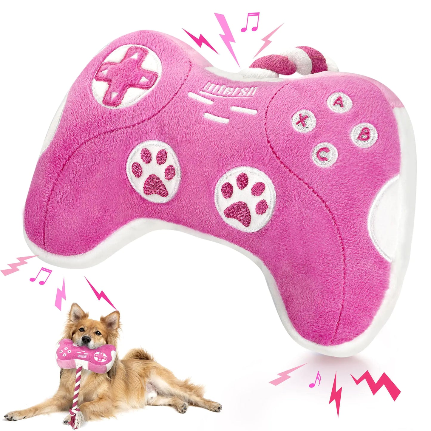 Cute Dog Plush Toys : Squeaky Dog Toys with Crinkle Paper and Interactive Rope Toy for Tug of War - Game Controller Dog Chew Toy with 3 Squeakers for Puppy Small Medium Large Dogs (Pink)