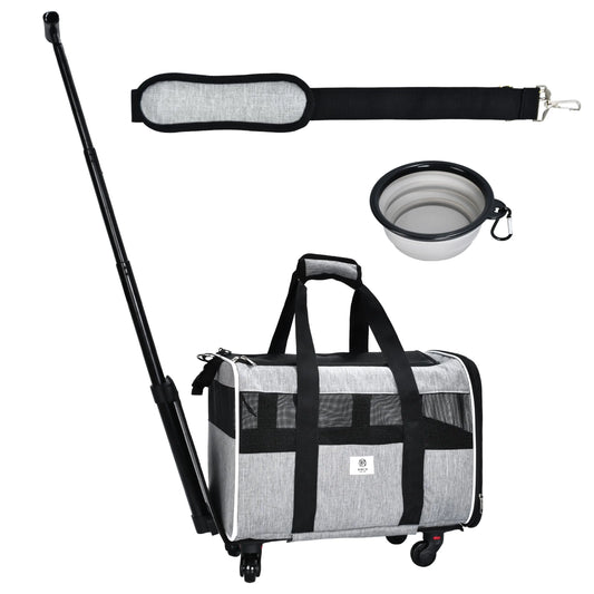 Pet Carrier with Wheels by Birch & Key – Grey Color - Airline Approved Rolling Pet Carrier – Soft Dog & Cat Travel Carrier - Small Dog Carrier – Removable Wheels - 17.5” x 12” x 12”