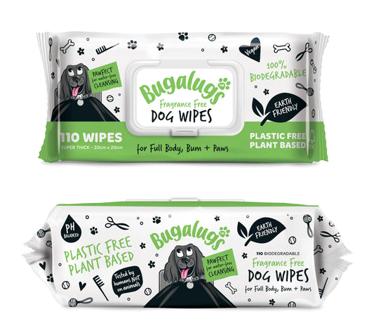 BUGALUGS Dog Wipes 100% Plastic Free Biodegradable pet Wipes for Full Body Eye Wipes Ear Wipes Bum & Paws. 110 Sensitive Dog Grooming Wipes for Dogs Puppy & cat Grooming (Fragrance Free)