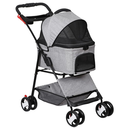 4 Wheel Dog Stroller Folding Pet Strolling Cart for Small Medium Cats Puppies with Storage Basket Cup Holder Detachable Carrier Gray