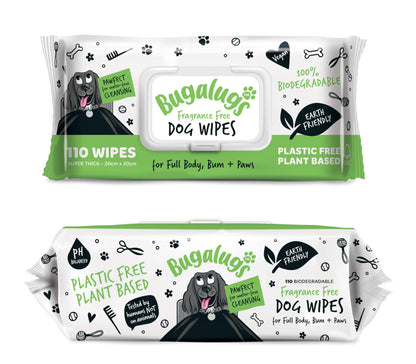 BUGALUGS Dog Wipes 100% Plastic Free Biodegradable pet Wipes for Full Body Eye Wipes Ear Wipes Bum & Paws. 110 Sensitive Dog Grooming Wipes for Dogs Puppy & cat Grooming (Fragrance Free)