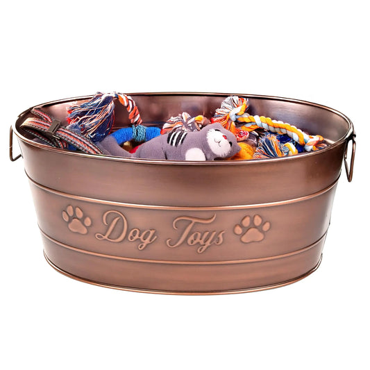 BREKX Indestructible Metal Dog Toy Bin - Galvanized Metal Bin with Handles for Accessory Storage - Pet Toy Basket Blanket Basket - Storage Dog Toy Box Farmhouse Decor (Copper - 25 Quart)