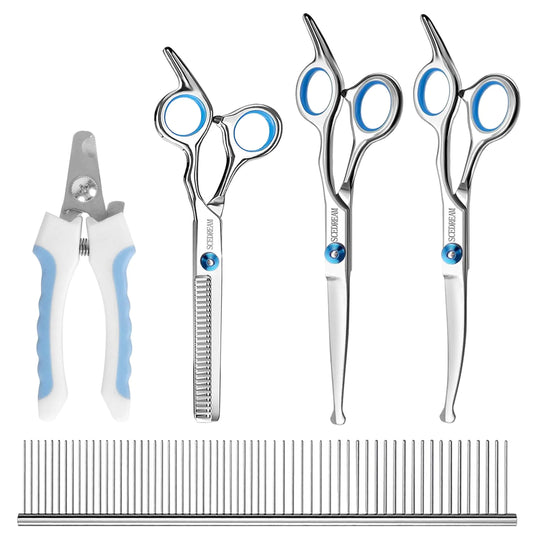 SCEDREAM Professional Dog Grooming Scissors with Safety Round Tips 5 in 1 Dog Grooming Scissors Kit 4CR Stainless Steel Professional Pet Grooming Shears for Dogs/Cats Sharp and Durable Blue