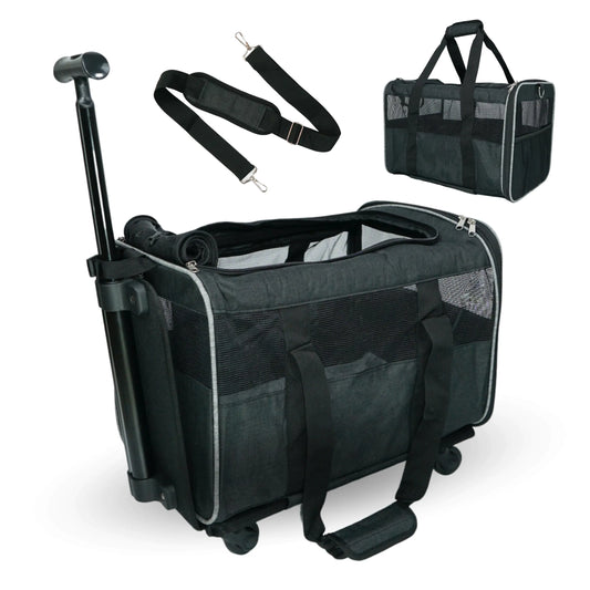Pet Carrier with Wheels – Airline Approved – Rolling Pet Carrier – Soft Dog & Cat Travel Carrier - Small Dog Carrier – Removable Wheels - 17.5” x 12” x 12” - Black