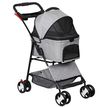 4 Wheel Dog Stroller Folding Pet Strolling Cart for Small Medium Cats Puppies with Storage Basket Cup Holder Detachable Carrier Gray