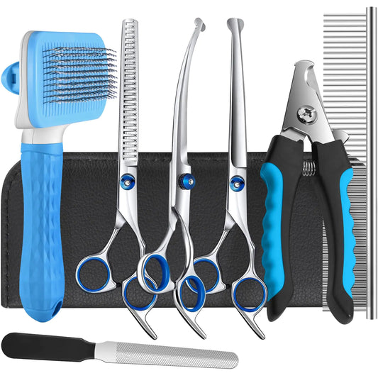 Odoland Dog Grooming Scissors Set Include Dog Slicker Brush Pet Nail Clippers Safety Round Tip Pet Grooming Shears for Kit Small Dogs Large Dog and Cats